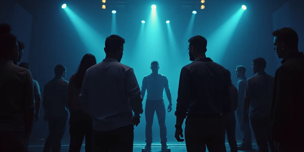 a group of people standing next to each other on a stage with lights on it and a microphone in the b