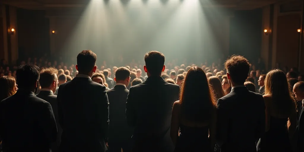 a group of people standing on a stage in front of a crowd of people in suits and ties,, Federico Uri
