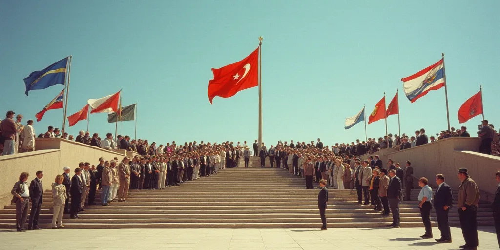 a group of people standing on a set of steps with flags and banners on them and a flag in the middle
