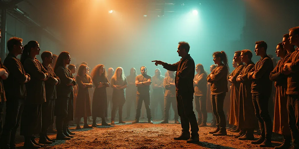 a group of people standing on a stage with their arms crossed in front of them and a man pointing at