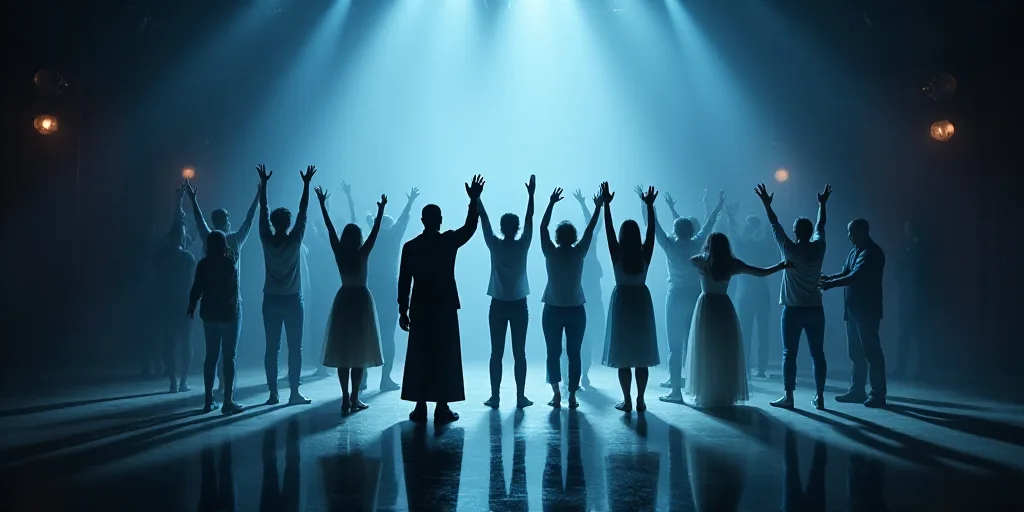 a group of people standing on a stage with their hands up in the air and a man standing on the side