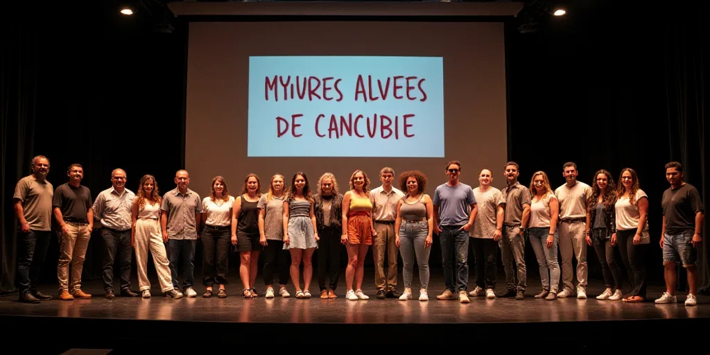 a group of people standing on a stage with a banner behind them that says myerves alves de cancubie,