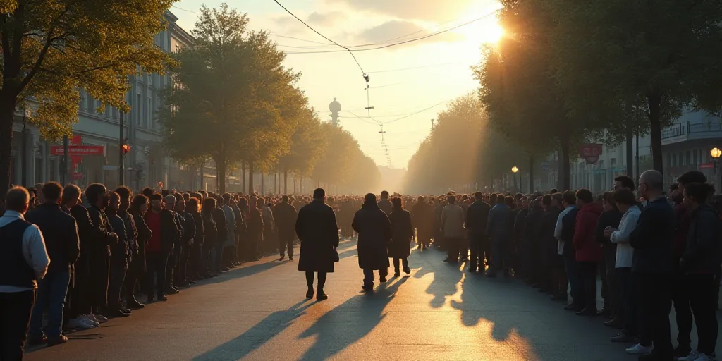 a group of people standing on the side of a road near a crowd of people standing on the side of the