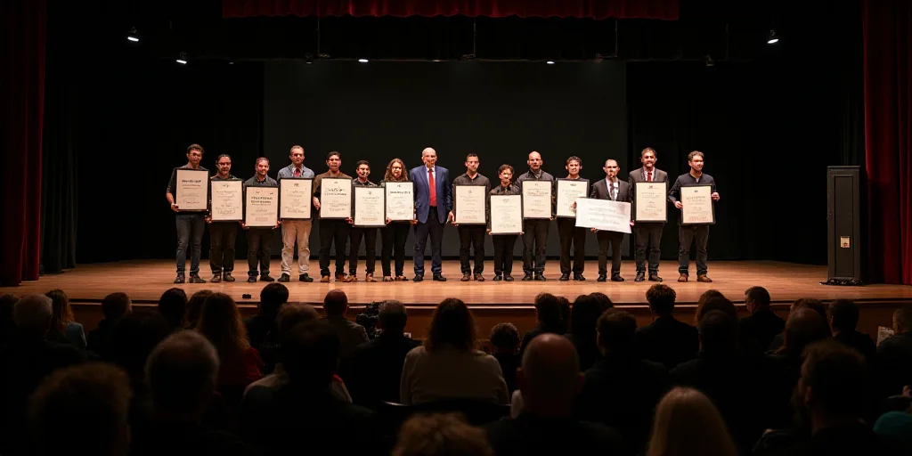 a group of people standing on a stage holding up framed pictures and plaques in front of a crowd of