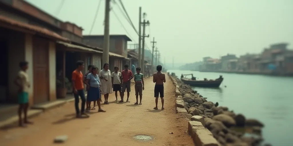 a group of people standing on a dirty street next to a body of water with a boat in the water, Charl