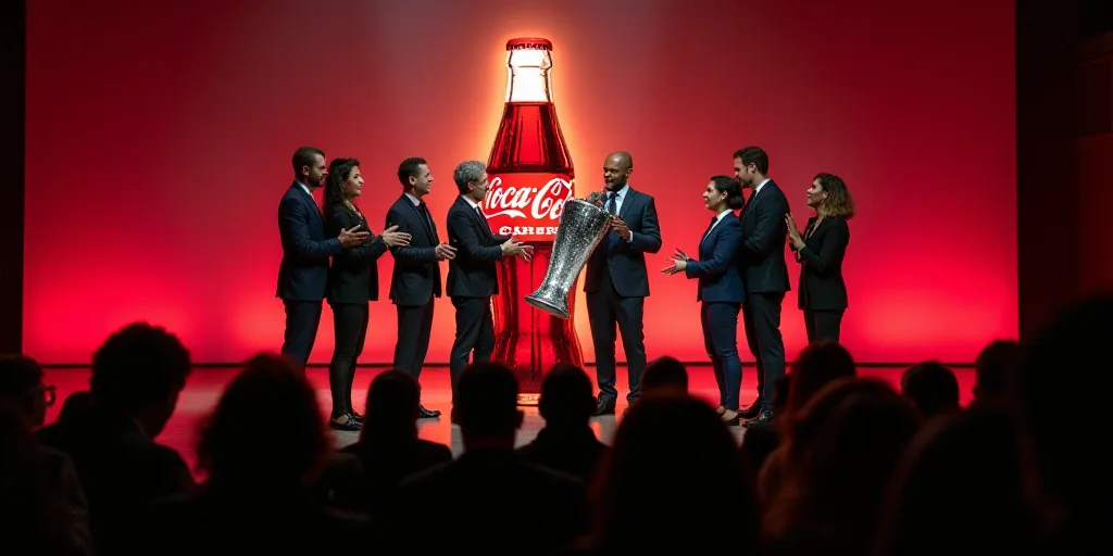 a group of people standing on a stage holding a trophy and a coke bottle in the background with a co