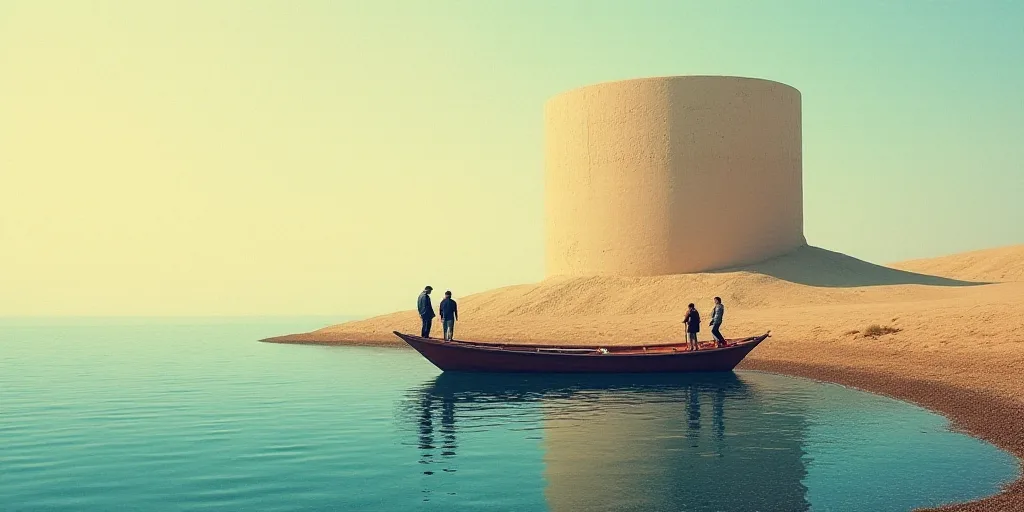 a group of people standing on a boat next to a body of water with a large object in the background,