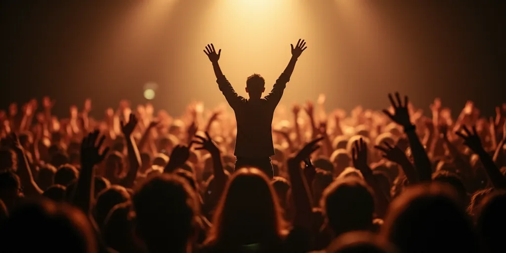 a group of people standing on a stage with their arms in the air and one person holding a microphone