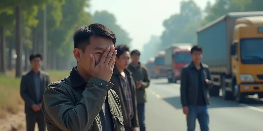 a group of people standing on the side of a road next to trucks and buses on the road and one person