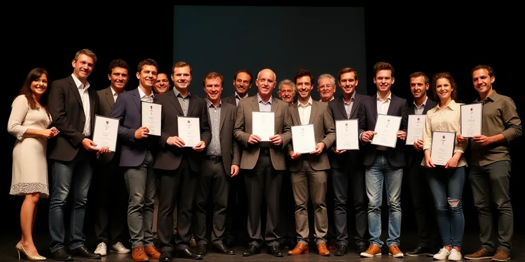 a group of people standing on a stage holding awards and plaques in their hands and smiling at the c