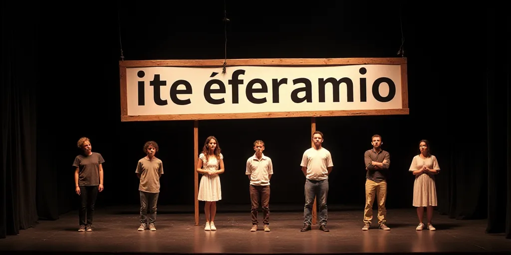 a group of people standing on a stage with a sign behind them that says ite eferamio, Celia Fiennes,