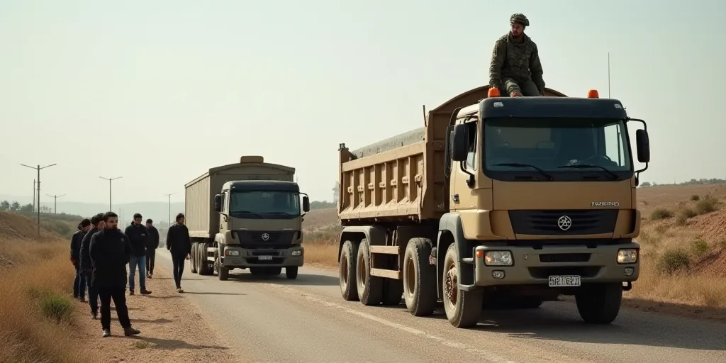 a group of people standing on the side of a road next to a truck and a truck with a soldier on top,
