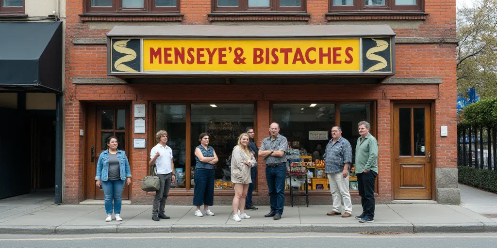 a group of people standing outside of a building with a sign on it's side and a man standing on the