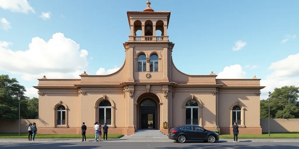 a group of people standing outside of a building with a tower on top of it's roof and a car parked i