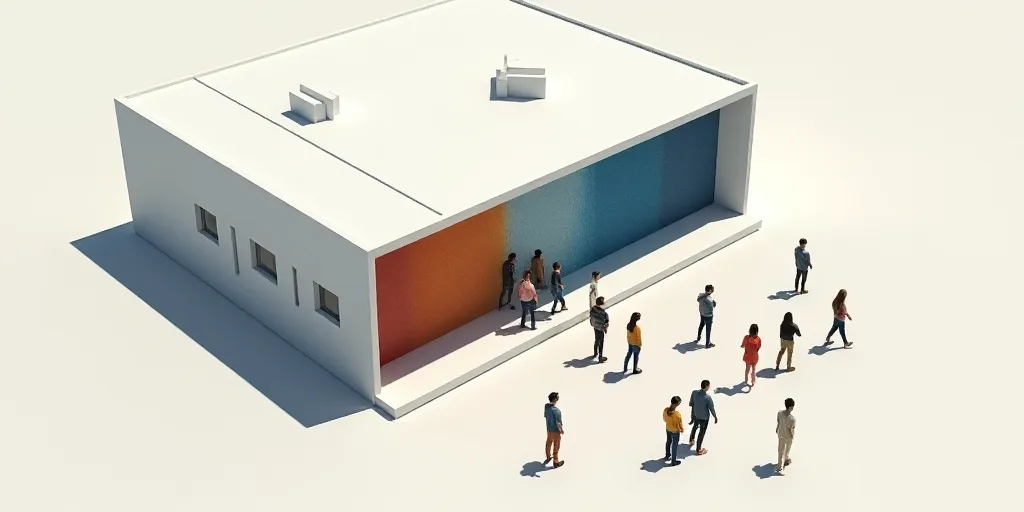 a group of people standing outside of a building with a blue and orange design on it's side, Florenc