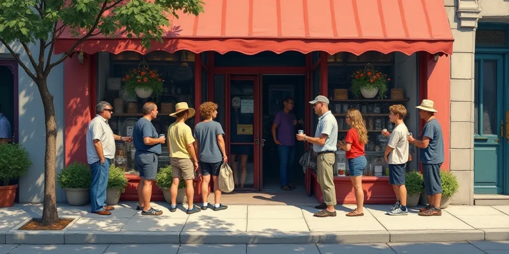 a group of people standing outside of a store front with a man walking by the entrance of the store,