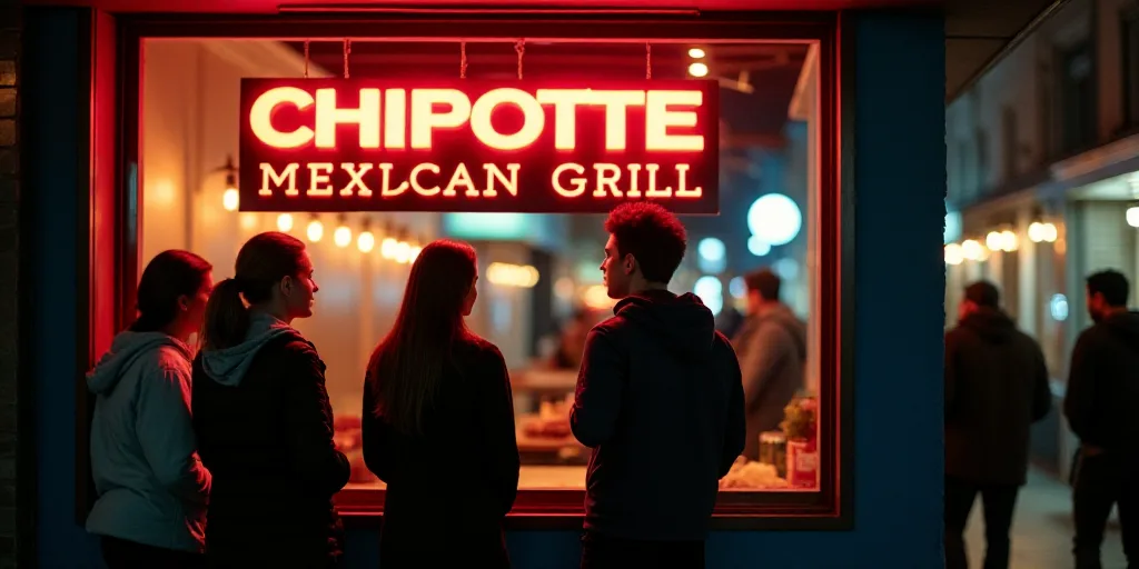 a group of people standing outside of a restaurant window with a sign on it that says chipotte mexic