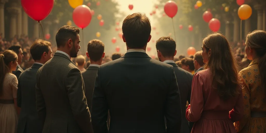 a group of people standing together in front of a crowd of people with balloons in the background an