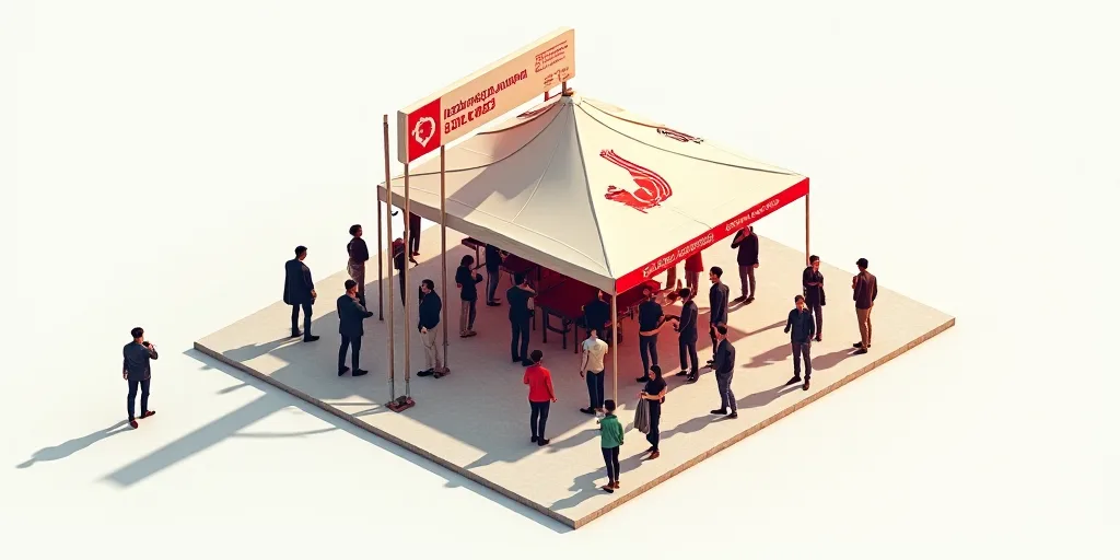 a group of people standing under a tent with a logo on it and a red and white sign above it, Edi Ram