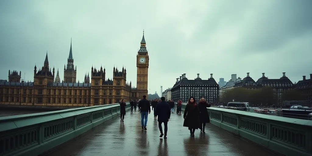 a group of people walking across a bridge near a clock tower in london, england, on a cloudy day, Ch