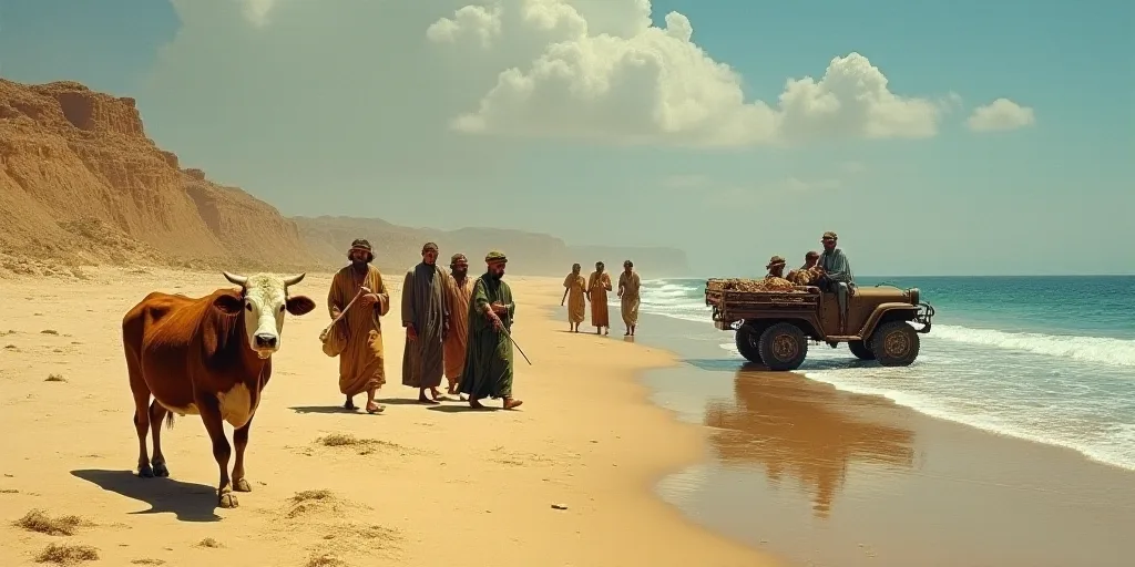 a group of people walking across a sandy beach next to a cow and a car with a man on it, Bouchta El