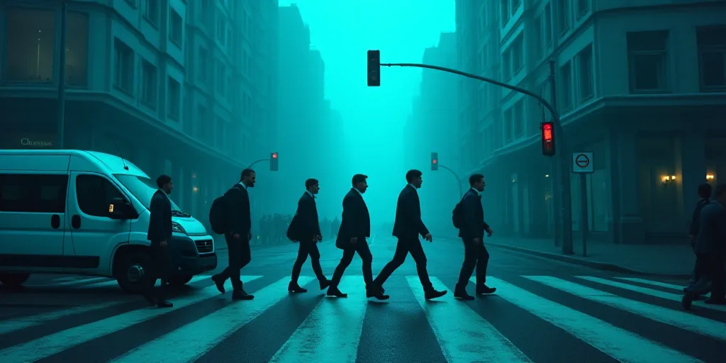 a group of people walking across a street next to a cross walk with a blue light above them and a wh