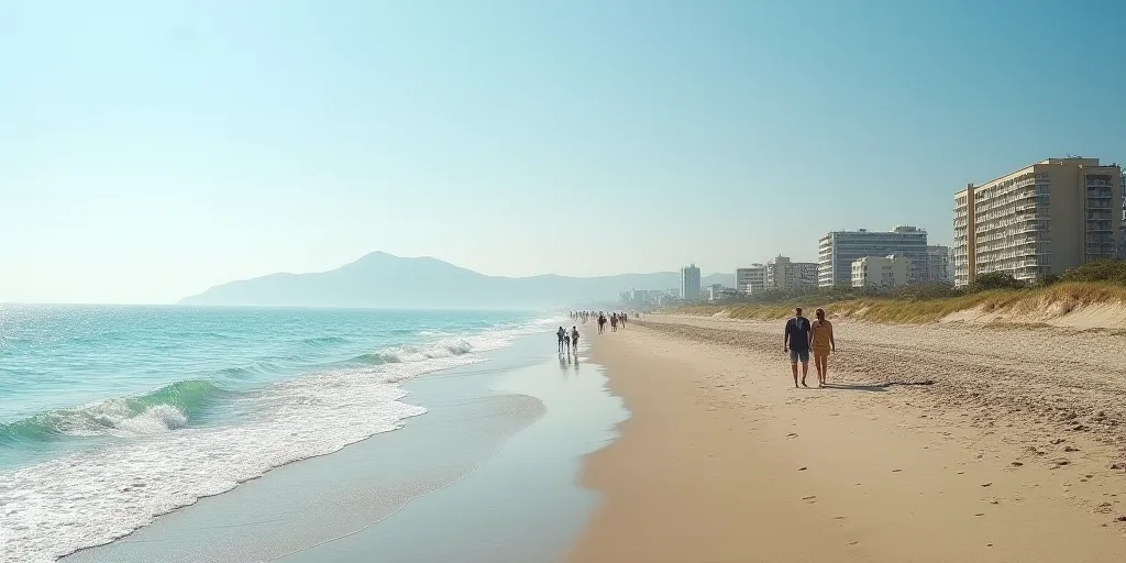 a group of people walking along a beach next to the ocean with buildings in the background and a few