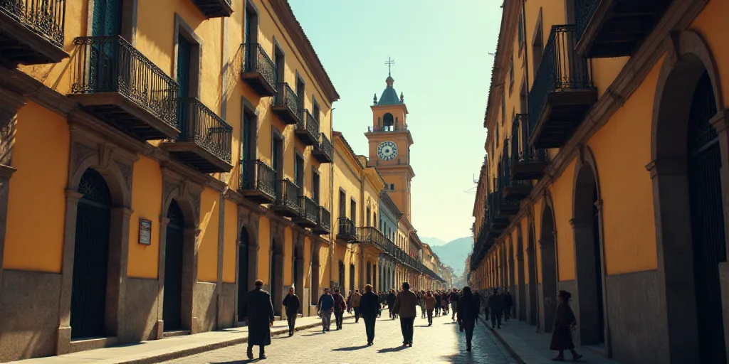 a group of people walking down a street next to tall buildings with clocks on them and a clock tower