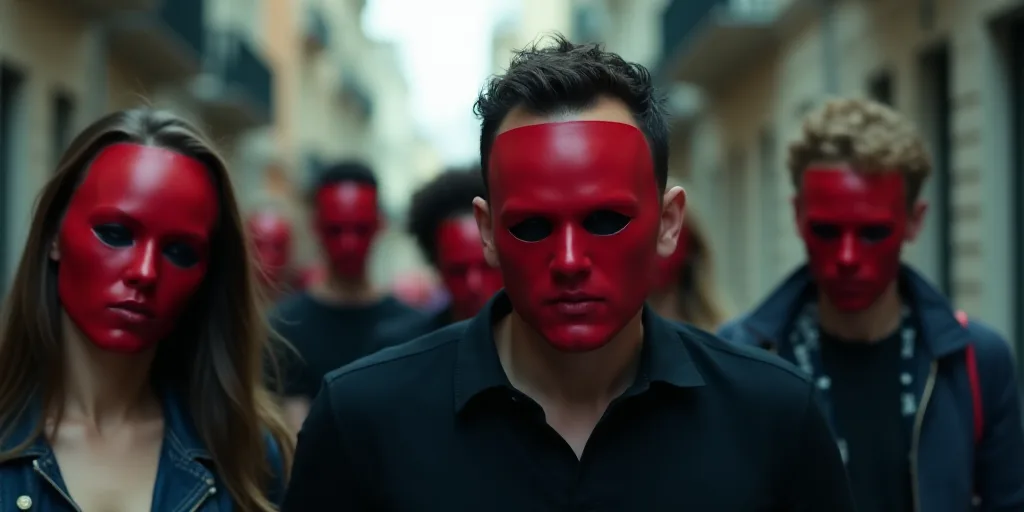 a group of people walking down a street with a red mask on their face and a man in a black shirt, Ar