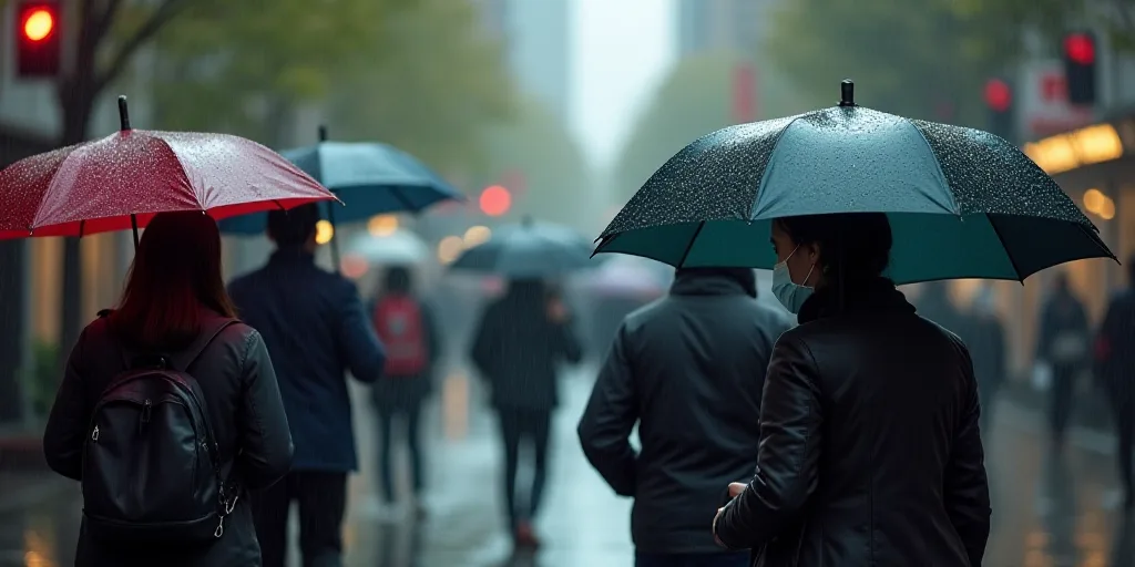 a group of people walking down a street holding umbrellas in the rain, with a person wearing a face