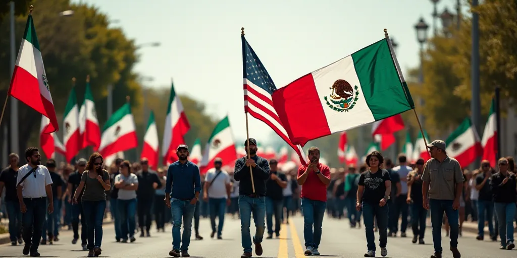 a group of people walking down a street holding flags and a flag banner in the shape of a mexican am