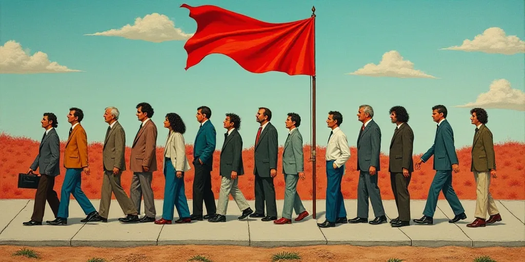 a group of people walking down a sidewalk next to each other with a flag on top of it and a sky back