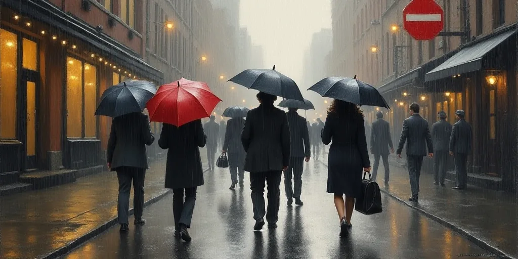 a group of people walking down a street in the rain with umbrellas over their heads and a man with a