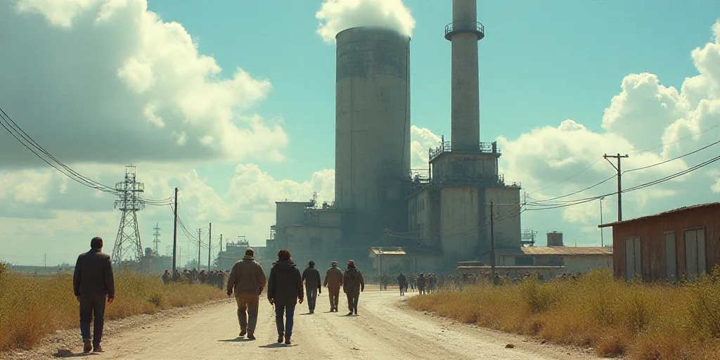 a group of people walking in front of a factory building with a large tower in the background and a