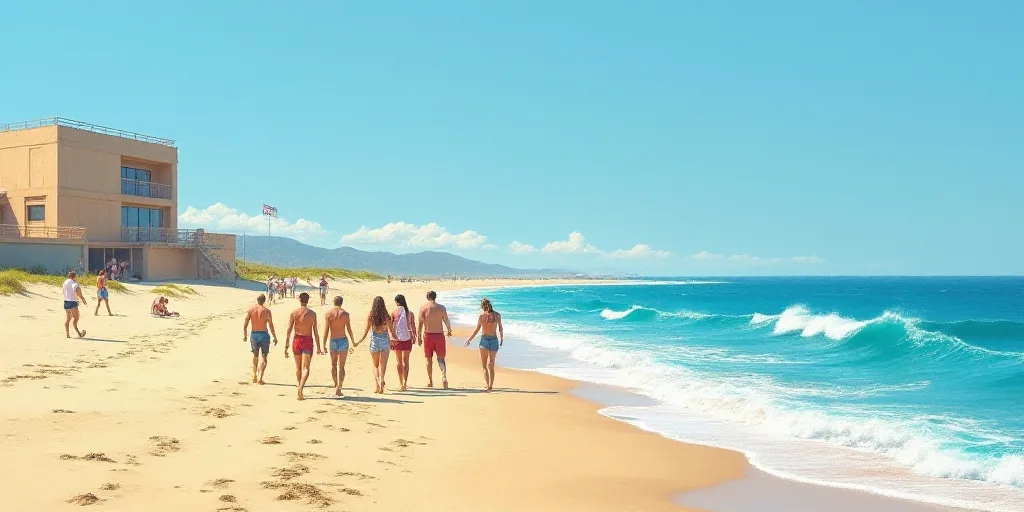 a group of people walking on a beach next to the ocean with a building in the background and a blue