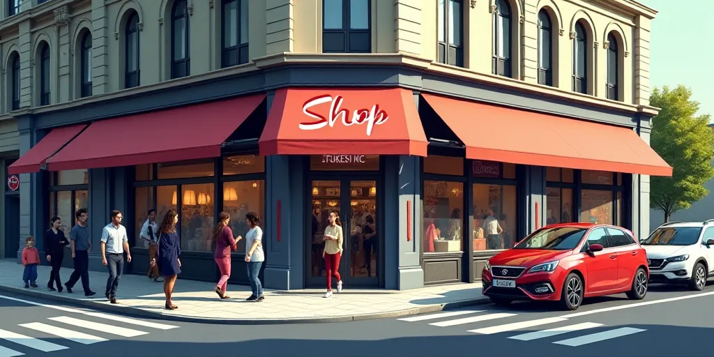 a group of people walking past a shop sign on a street corner with cars parked in the background and