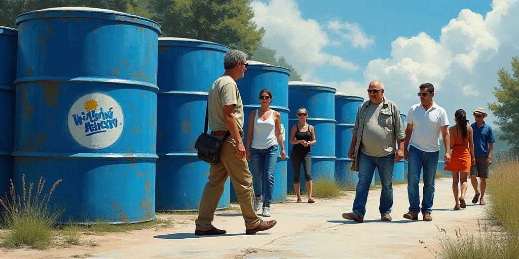 a group of people walking past a blue barrel with a logo on it and a blue and white sign, Dahlov Ipc