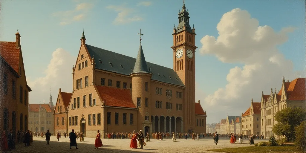 a group of people walking past a tall building with a clock on it's side and a clock on the front of