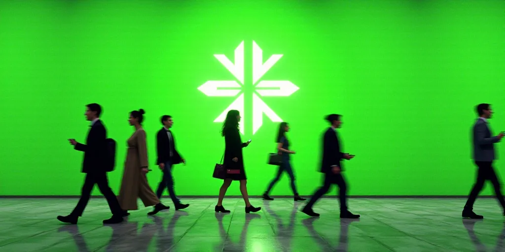 a group of people walking past a green wall with a logo on it and a woman holding a cell phone, Éva