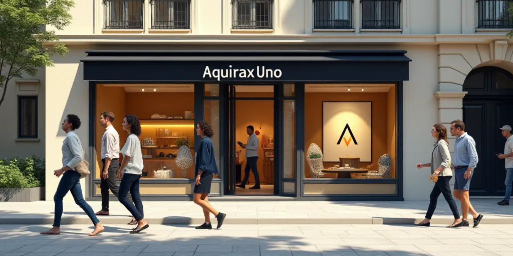 a group of people walking past a store front with a logo on it's side window and a store front, Aqui