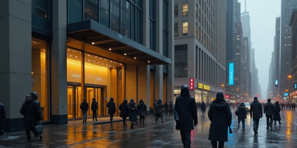 a group of people walking past a jp morgan chase building in new york city, ny, usa, on a rainy day,
