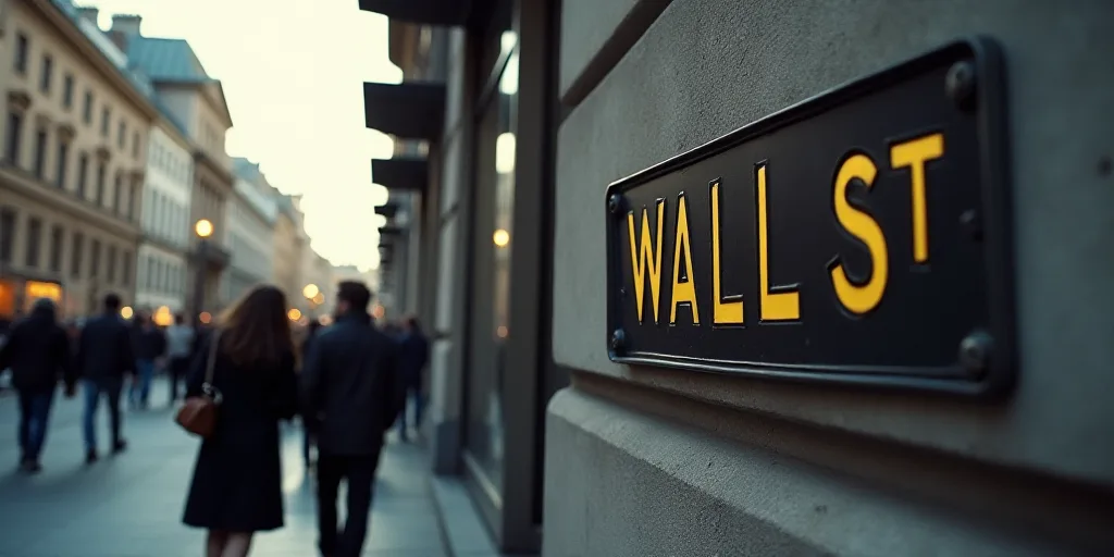 a group of people walking past a wall street sign on a building with a gold lettering on it's side,