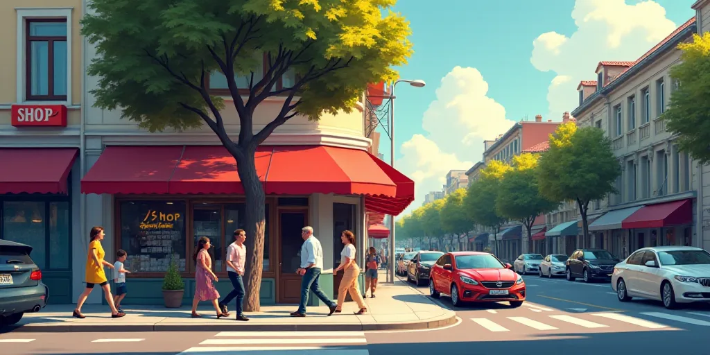 a group of people walking past a shop sign on a street corner with cars parked in the background and