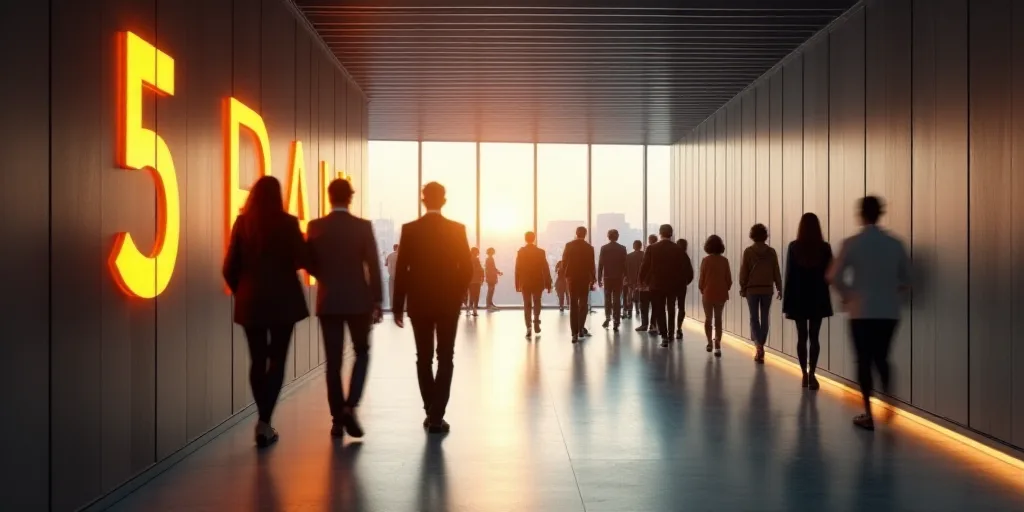a group of people walking through a lobby next to a wall with a sign that says 5 on it, Ceferí Oliv