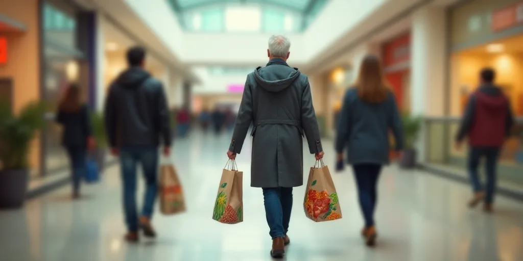 a group of people walking through a mall carrying bags of groceries and shopping bags of food and dr