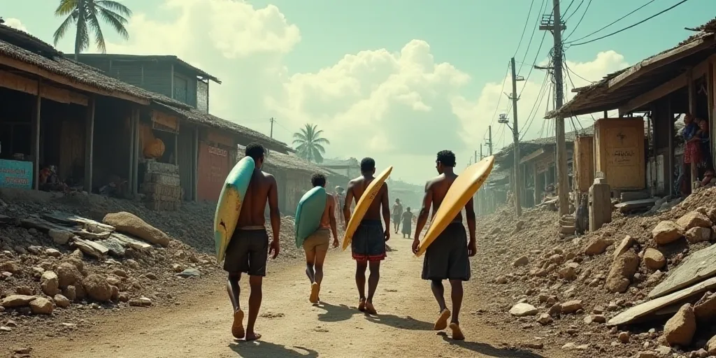 a group of people walking through a rubble covered area with surfboards on their backs and a man car