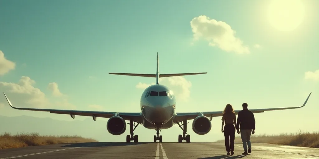 a group of people walking towards a plane on a runway with a sky background and a plane in the backg