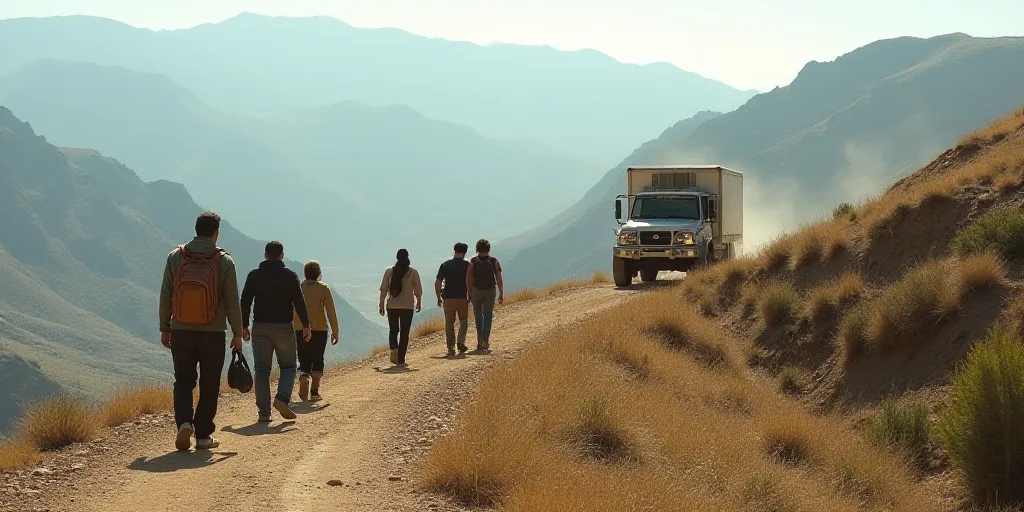 a group of people walking up a hill with a truck in the background and a mountain in the background,
