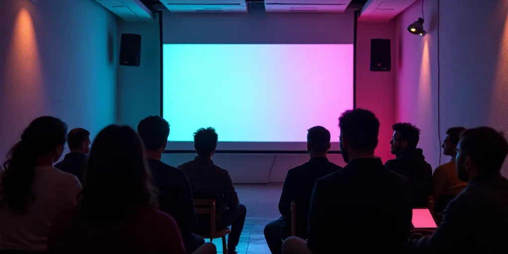 a group of people watching a presentation on a screen in a room with a projector screen and a projec