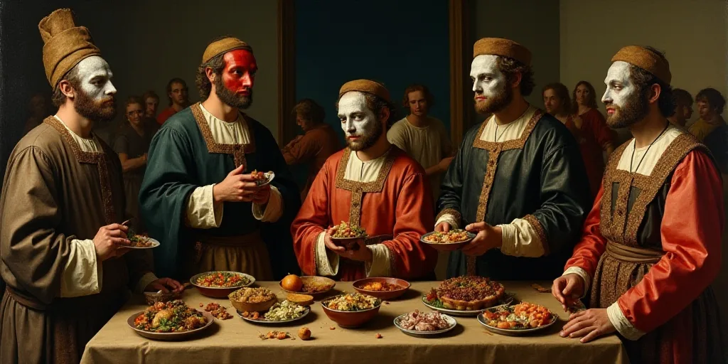 a group of people wearing masks standing around a table of food containers with food in them and peo